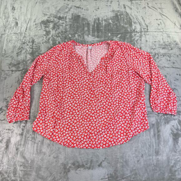 Old Navy Pop Over V-Neck Blouse Red with White Floral Pattern Womens Size XXL - Picture 1 of 13